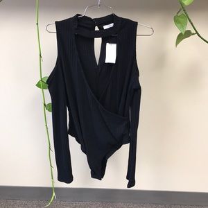 Lush Cold Shoulder V Neck Ribbed Bodysuit Large